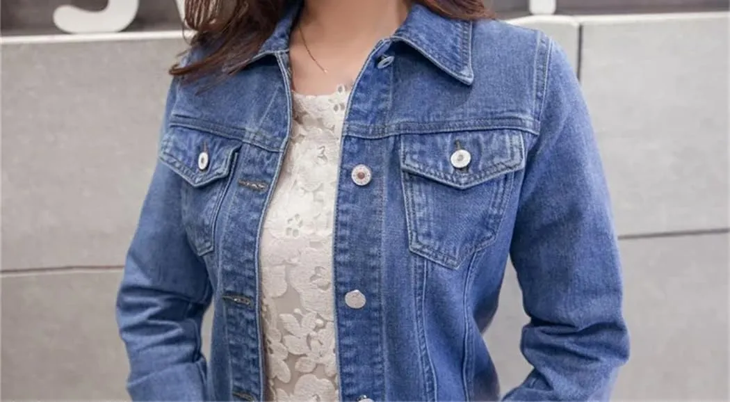 Women Fashion Turn-Down Collar Denim Jacket Winter Long Sleeve Button Down Jean Jacket