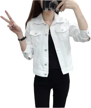 Women Fashion Turn-Down Collar Denim Jacket Winter Long Sleeve Button Down Jean Jacket