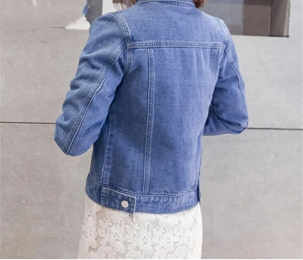 Women Fashion Turn-Down Collar Denim Jacket Winter Long Sleeve Button Down Jean Jacket