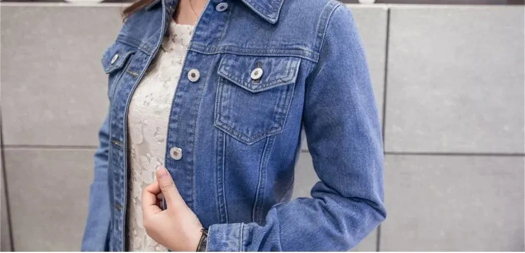 Women Fashion Turn-Down Collar Denim Jacket Winter Long Sleeve Button Down Jean Jacket