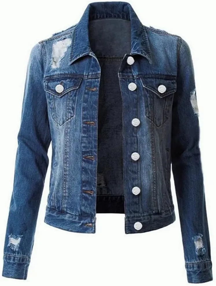 Women Hole Washed Denim Jacket Short Coat Spring Summer Casual Tops Lady Streetwear Jean Outerwear
