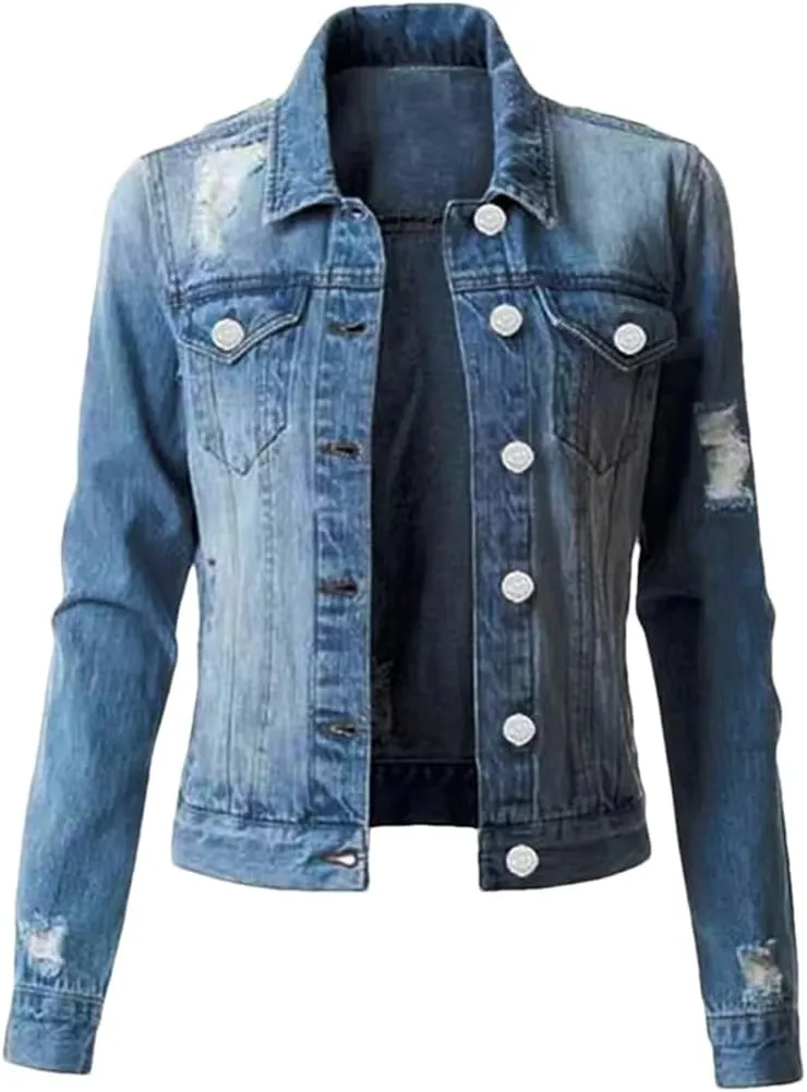Women Hole Washed Denim Jacket Short Coat Spring Summer Casual Tops Lady Streetwear Jean Outerwear