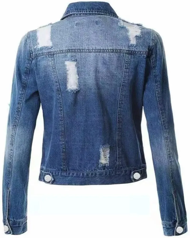 Women Hole Washed Denim Jacket Short Coat Spring Summer Casual Tops Lady Streetwear Jean Outerwear