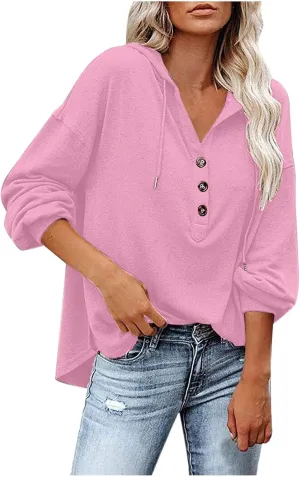 Women Hoodies Drawstring Long Sleeve Pullover Drop Shoulder V Neck Sweatshirt Casual Versatile Trendy Hooded Shirt