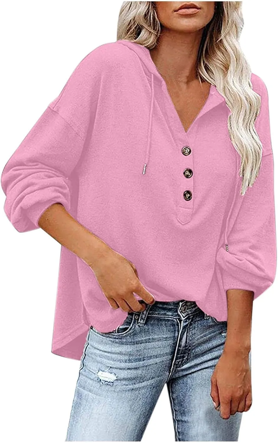 Women Hoodies Drawstring Long Sleeve Pullover Drop Shoulder V Neck Sweatshirt Casual Versatile Trendy Hooded Shirt