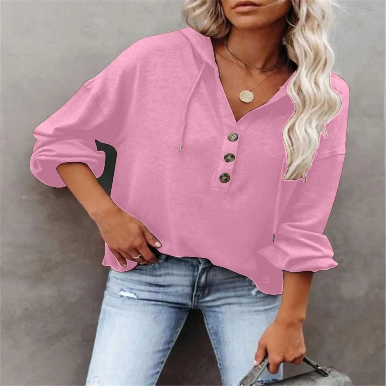 Women Hoodies Drawstring Long Sleeve Pullover Drop Shoulder V Neck Sweatshirt Casual Versatile Trendy Hooded Shirt