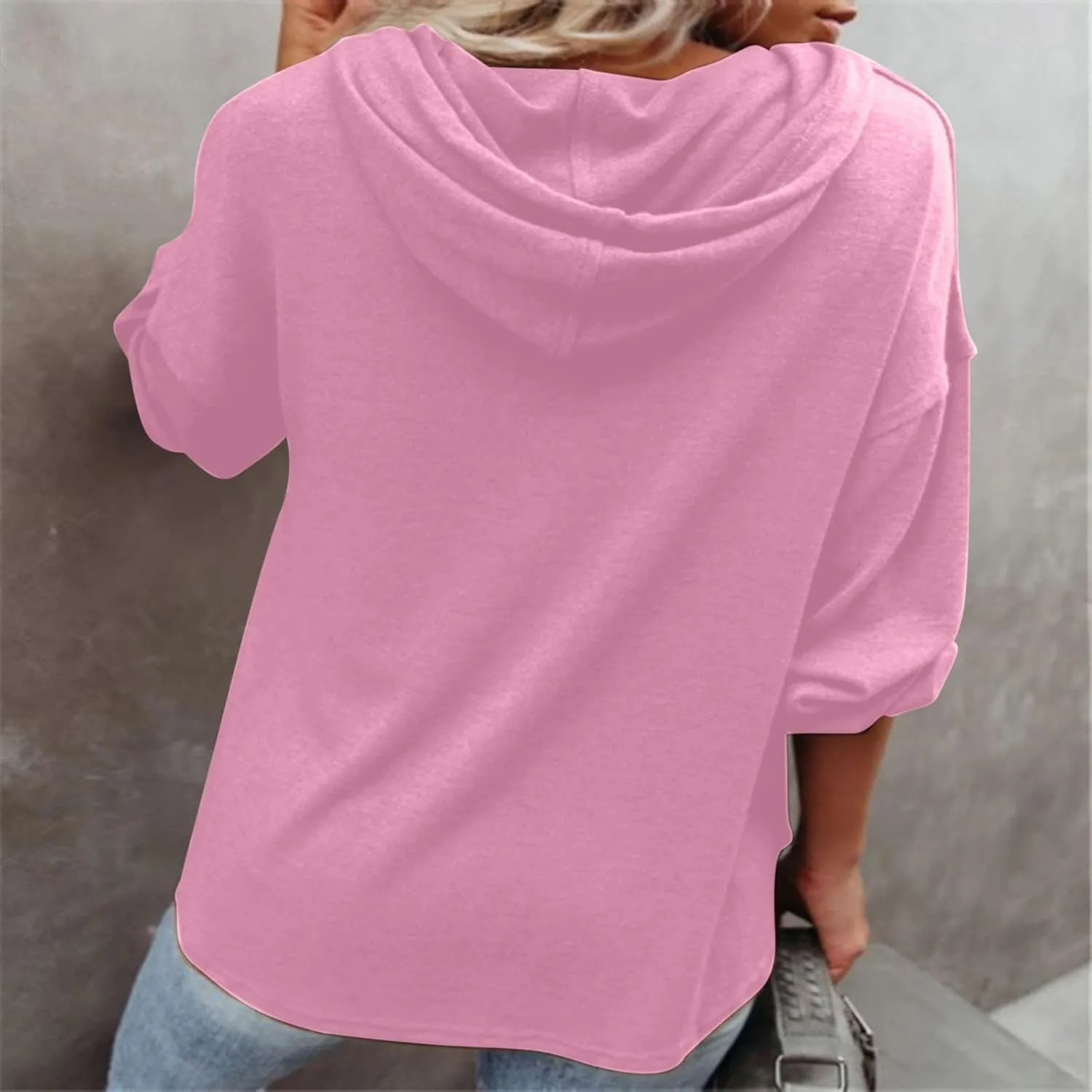 Women Hoodies Drawstring Long Sleeve Pullover Drop Shoulder V Neck Sweatshirt Casual Versatile Trendy Hooded Shirt