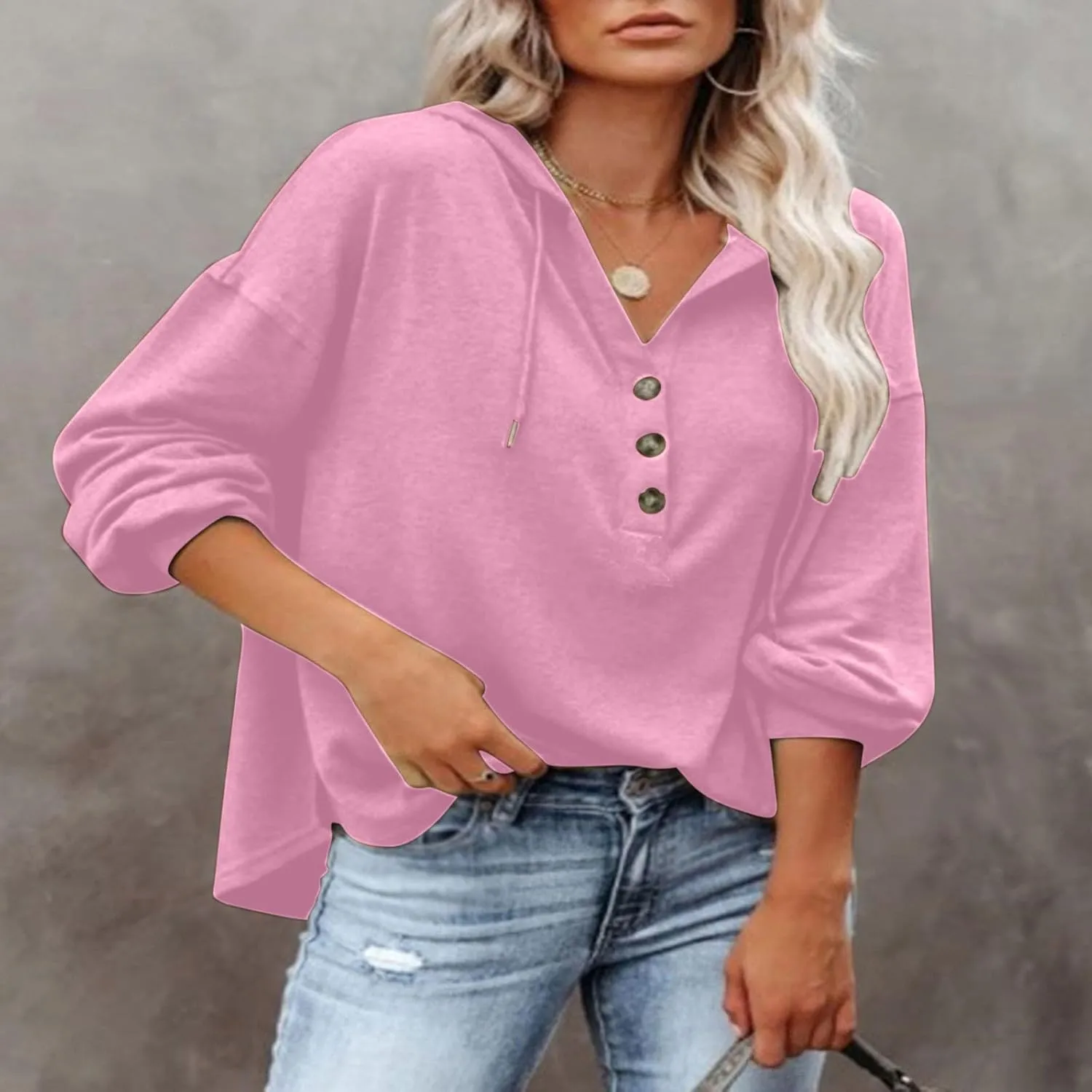 Women Hoodies Drawstring Long Sleeve Pullover Drop Shoulder V Neck Sweatshirt Casual Versatile Trendy Hooded Shirt