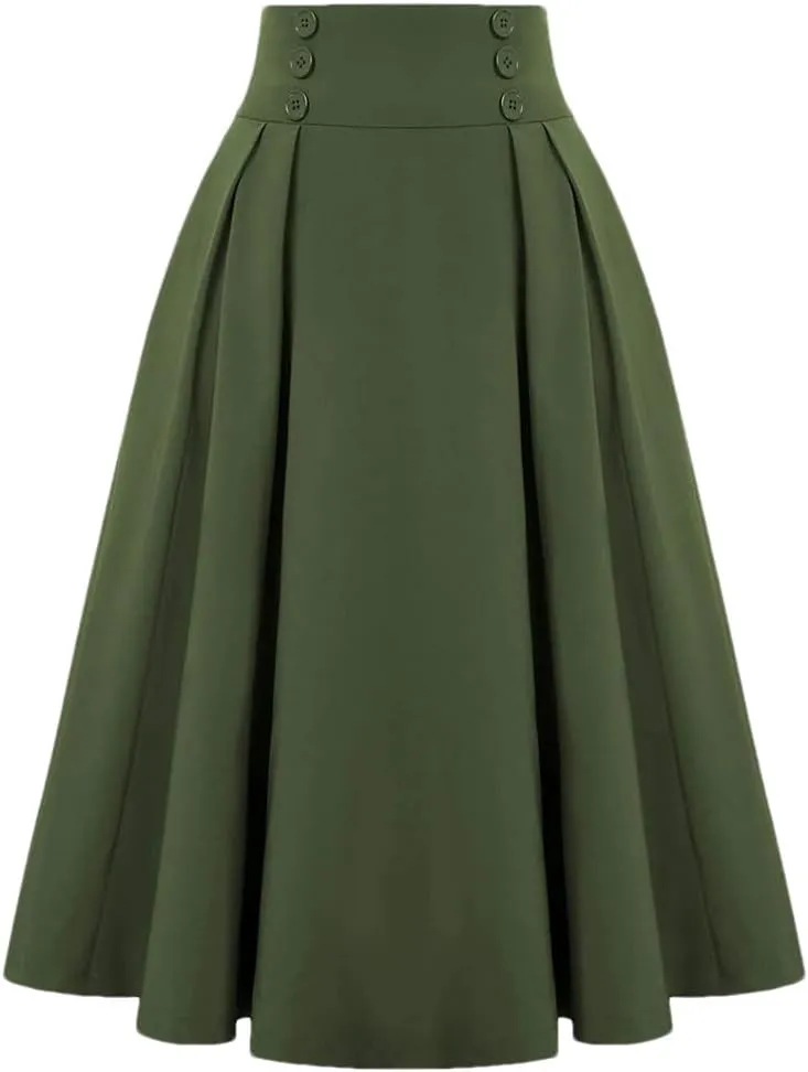 Women Knit Midi Length Button High Waist Skirt Fashion Solid Color Pleated Large Swing Skirts