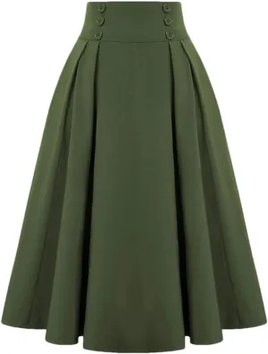 Women Knit Midi Length Button High Waist Skirt Fashion Solid Color Pleated Large Swing Skirts