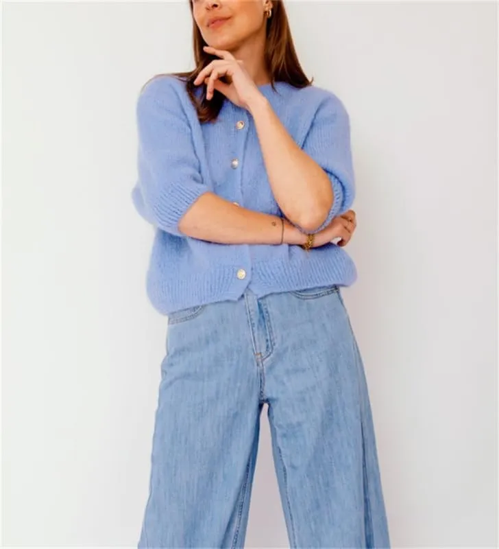 Women Knitted Crop Cardigan Shirt Short Sleeve Button Down Ribbed Knit Crop Top Y2k Girls Outwear Top Tee Shirt