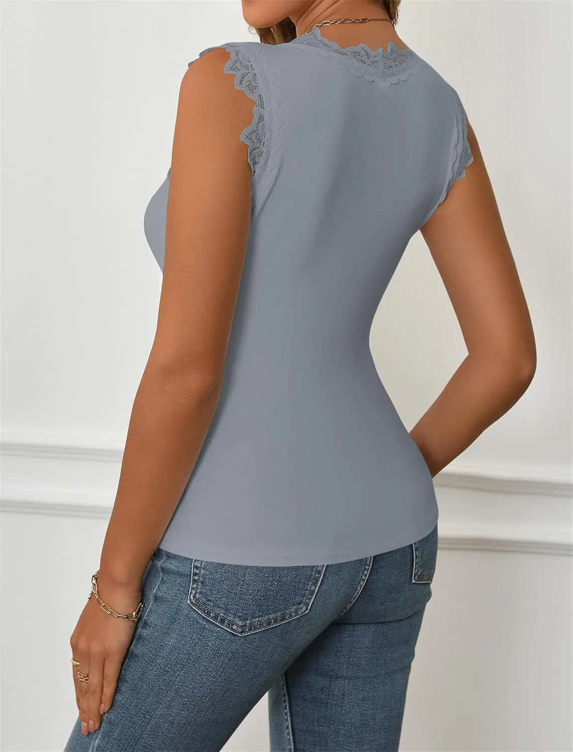 Women Lace Trim Sleeveless Sexy V Neck Cami Tank Tops Solid Slim Fit Stretch Summer Shirt