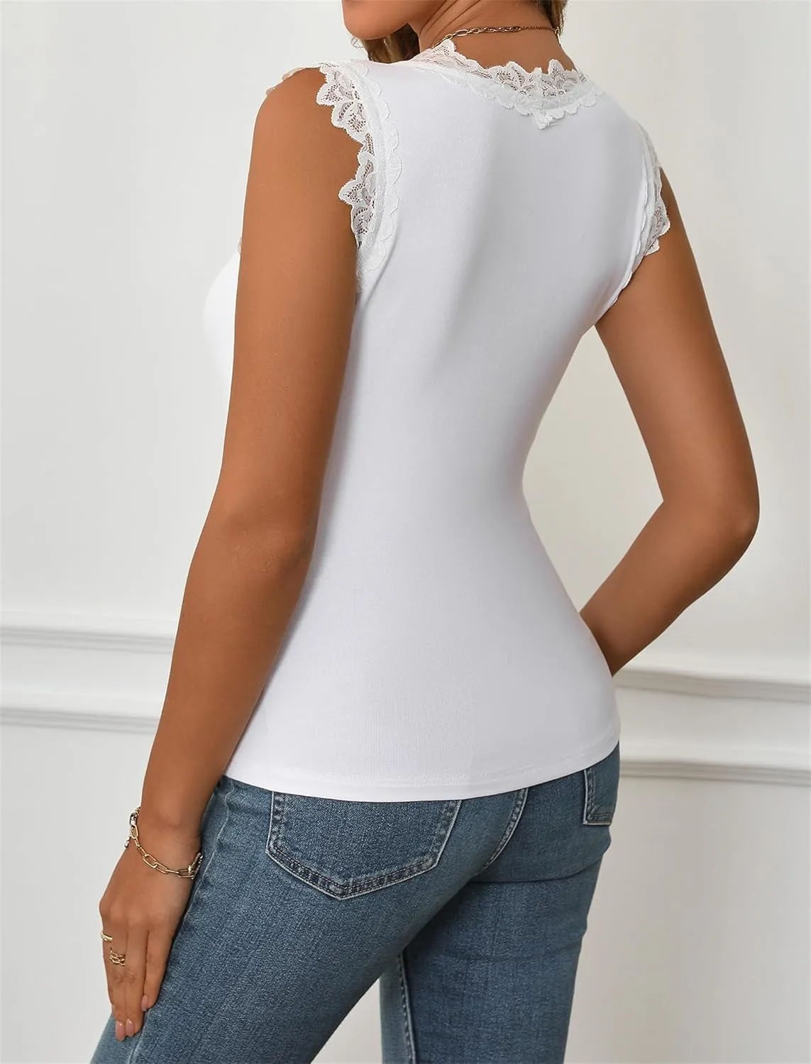 Women Lace Trim Sleeveless Sexy V Neck Cami Tank Tops Solid Slim Fit Stretch Summer Shirt