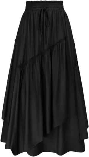 Women Long Gauze Decorated Drawstring Waist Swing Skirt Layered Asymmetrical Midi Maxi Skirts