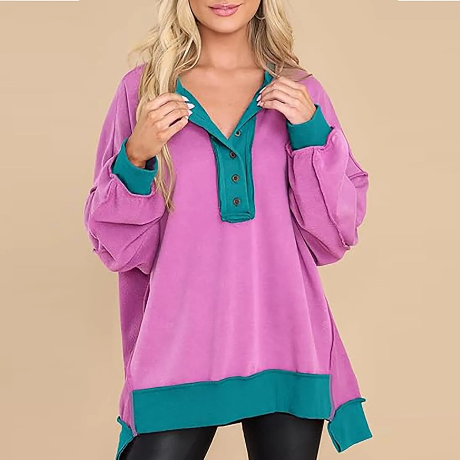 Women Long Sleeve Splicing Pullover Plain Color Tops Lightweight Sweatshirts Loose Fit Top Workout Shirts Outdoors