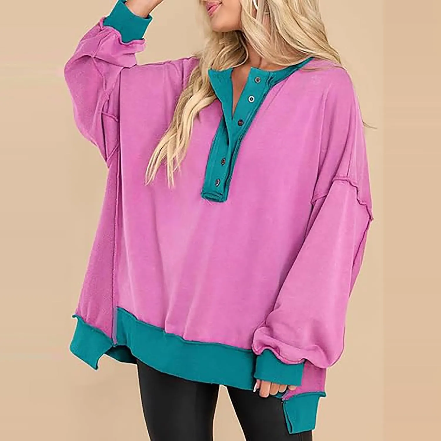 Women Long Sleeve Splicing Pullover Plain Color Tops Lightweight Sweatshirts Loose Fit Top Workout Shirts Outdoors