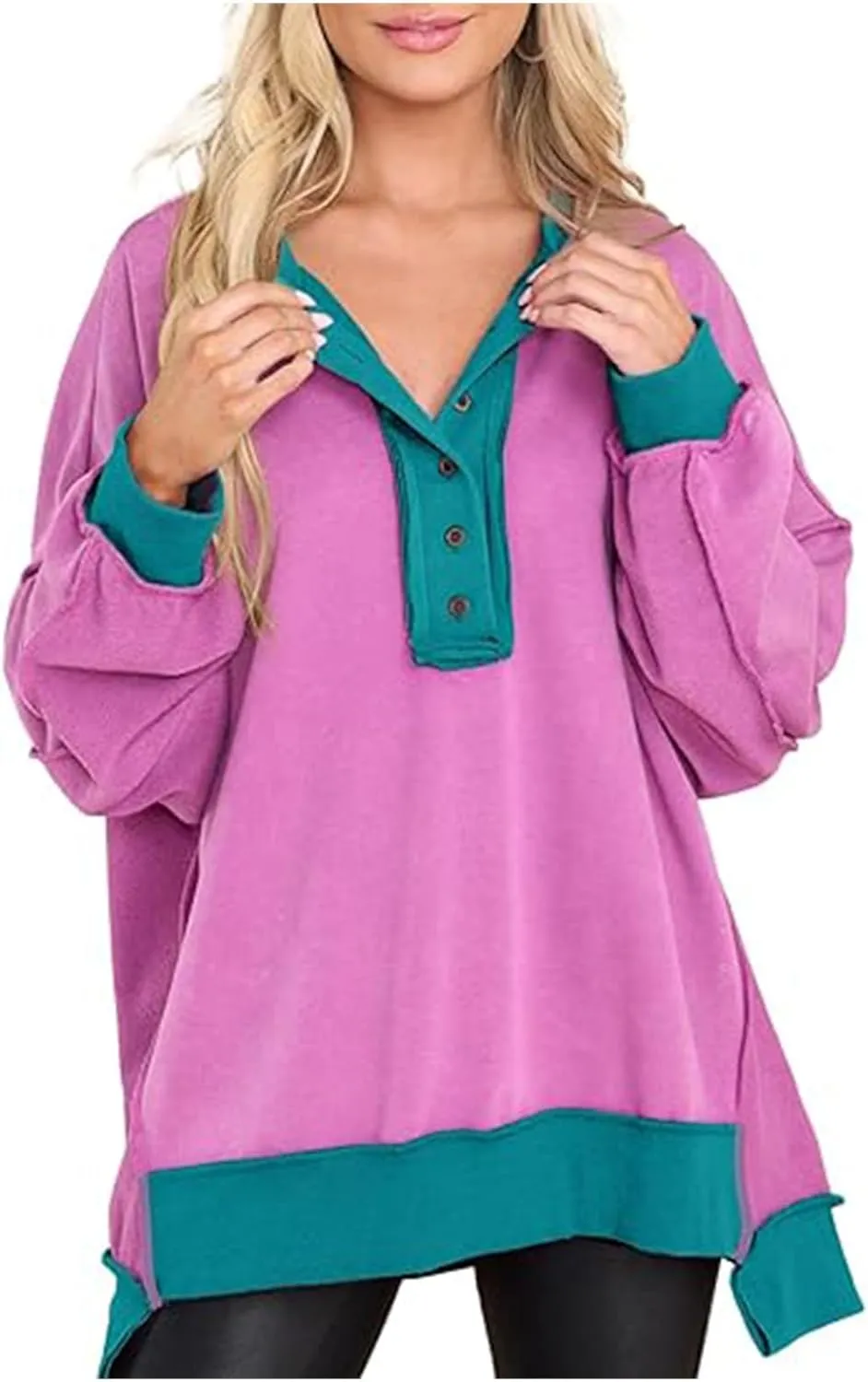 Women Long Sleeve Splicing Pullover Plain Color Tops Lightweight Sweatshirts Loose Fit Top Workout Shirts Outdoors