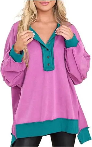Women Long Sleeve Splicing Pullover Plain Color Tops Lightweight Sweatshirts Loose Fit Top Workout Shirts Outdoors
