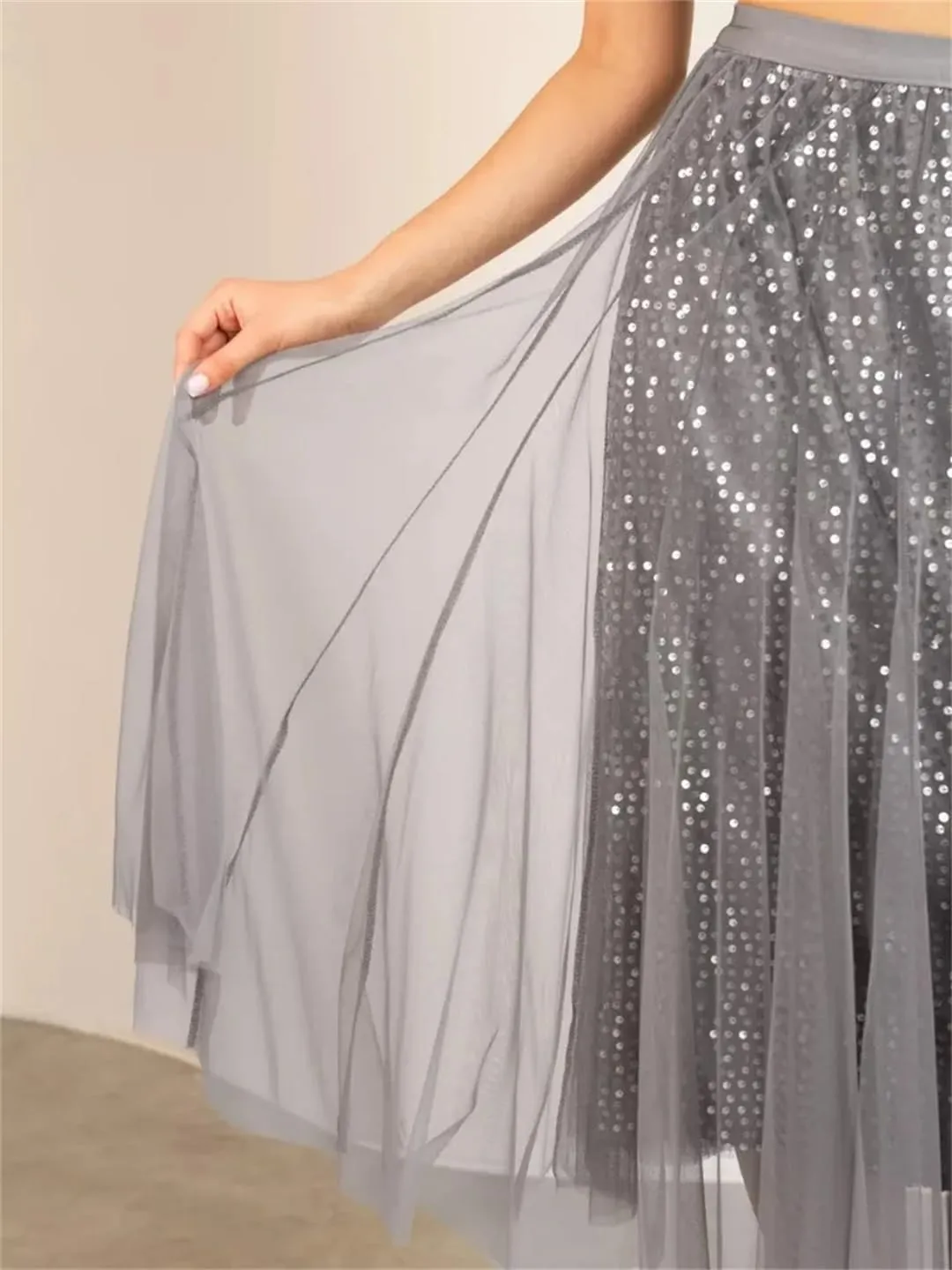 Women Mesh Solid Color Skirt Elastic High Waist Office Long Skirt Sequined Pleated Skirts
