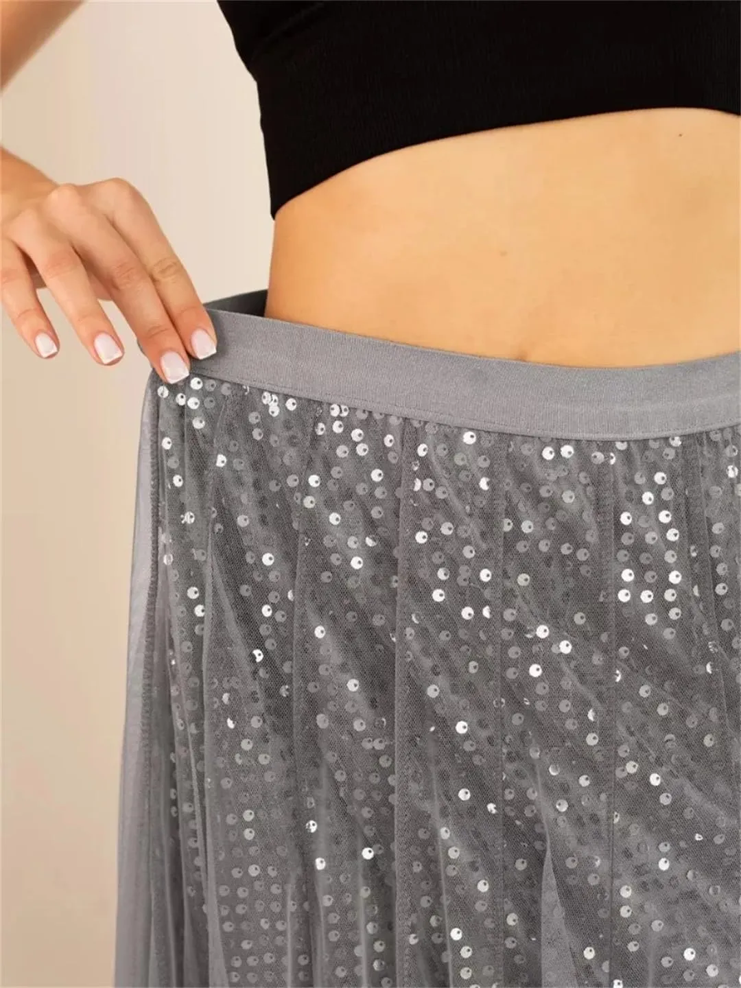 Women Mesh Solid Color Skirt Elastic High Waist Office Long Skirt Sequined Pleated Skirts