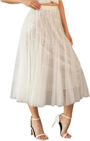 Women Mesh Solid Color Skirt Elastic High Waist Office Long Skirt Sequined Pleated Skirts
