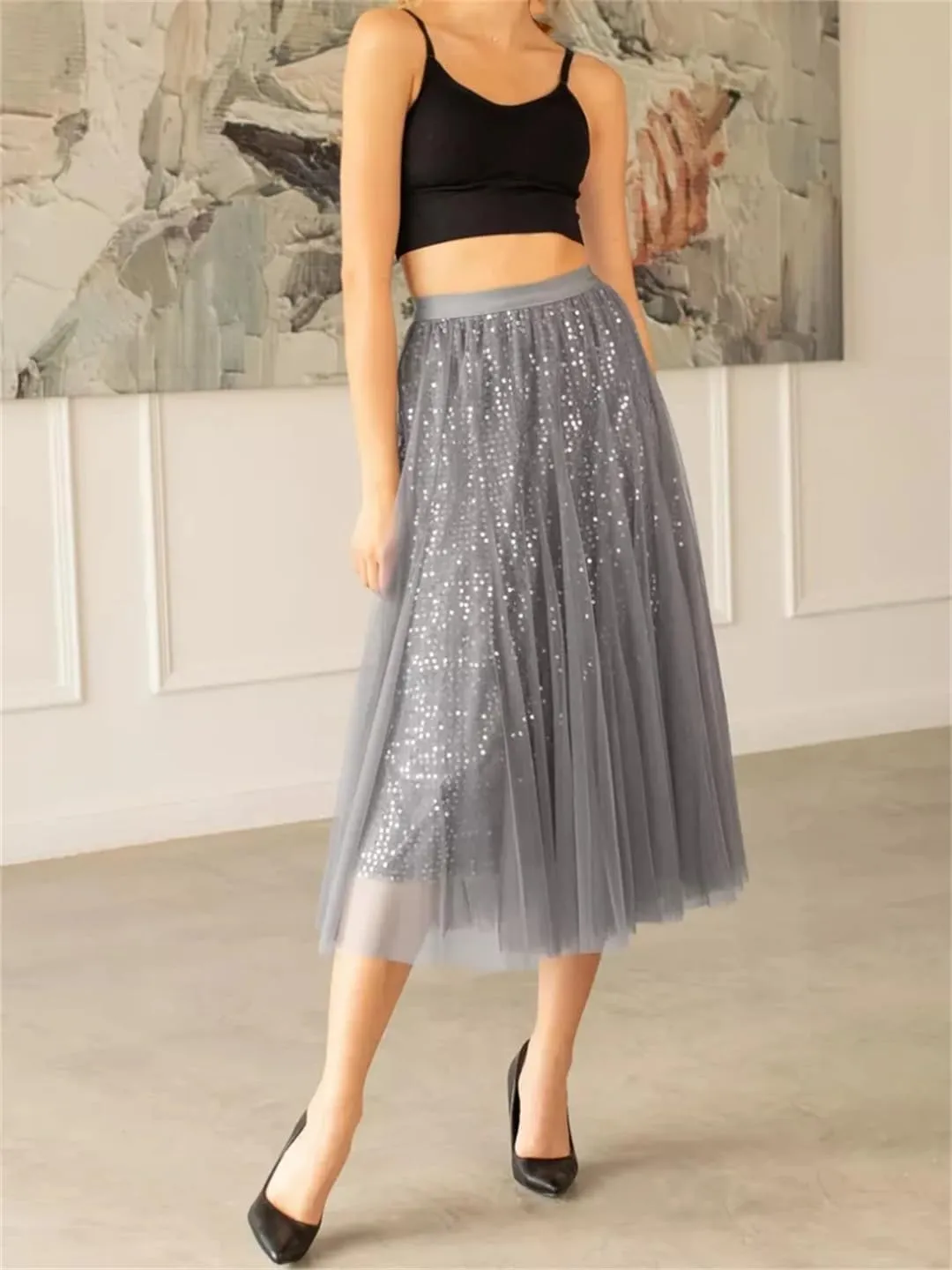 Women Mesh Solid Color Skirt Elastic High Waist Office Long Skirt Sequined Pleated Skirts