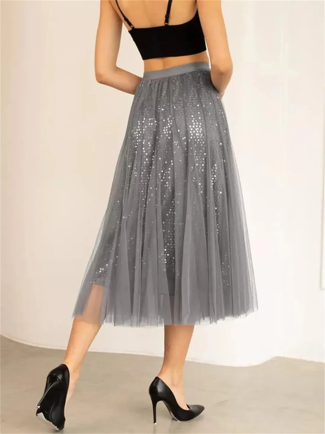 Women Mesh Solid Color Skirt Elastic High Waist Office Long Skirt Sequined Pleated Skirts