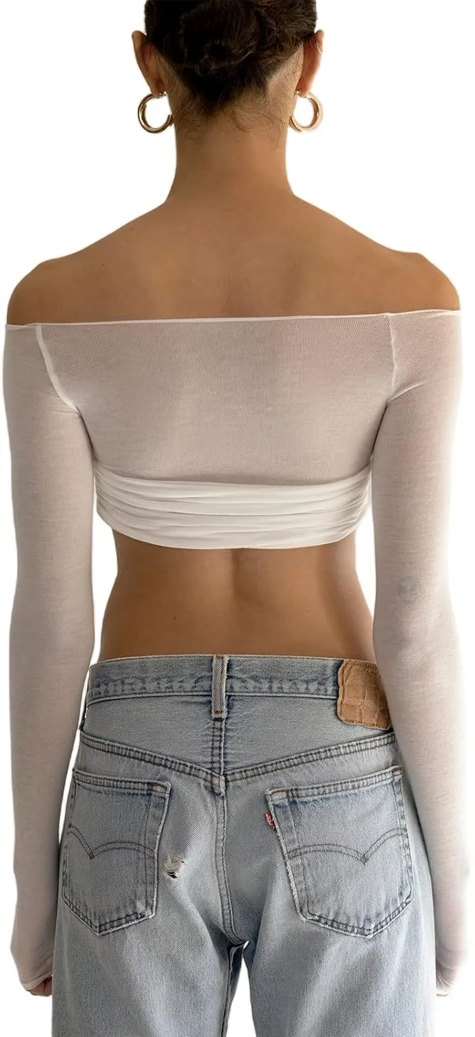Women Off Shoulder Shirt Y2K White Long Sleeve Slim Fit Top Tee Sexy Streetwear Blouse Tops