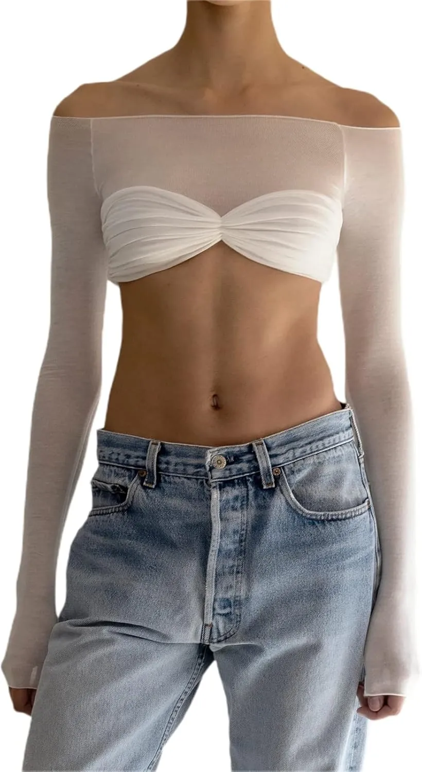 Women Off Shoulder Shirt Y2K White Long Sleeve Slim Fit Top Tee Sexy Streetwear Blouse Tops