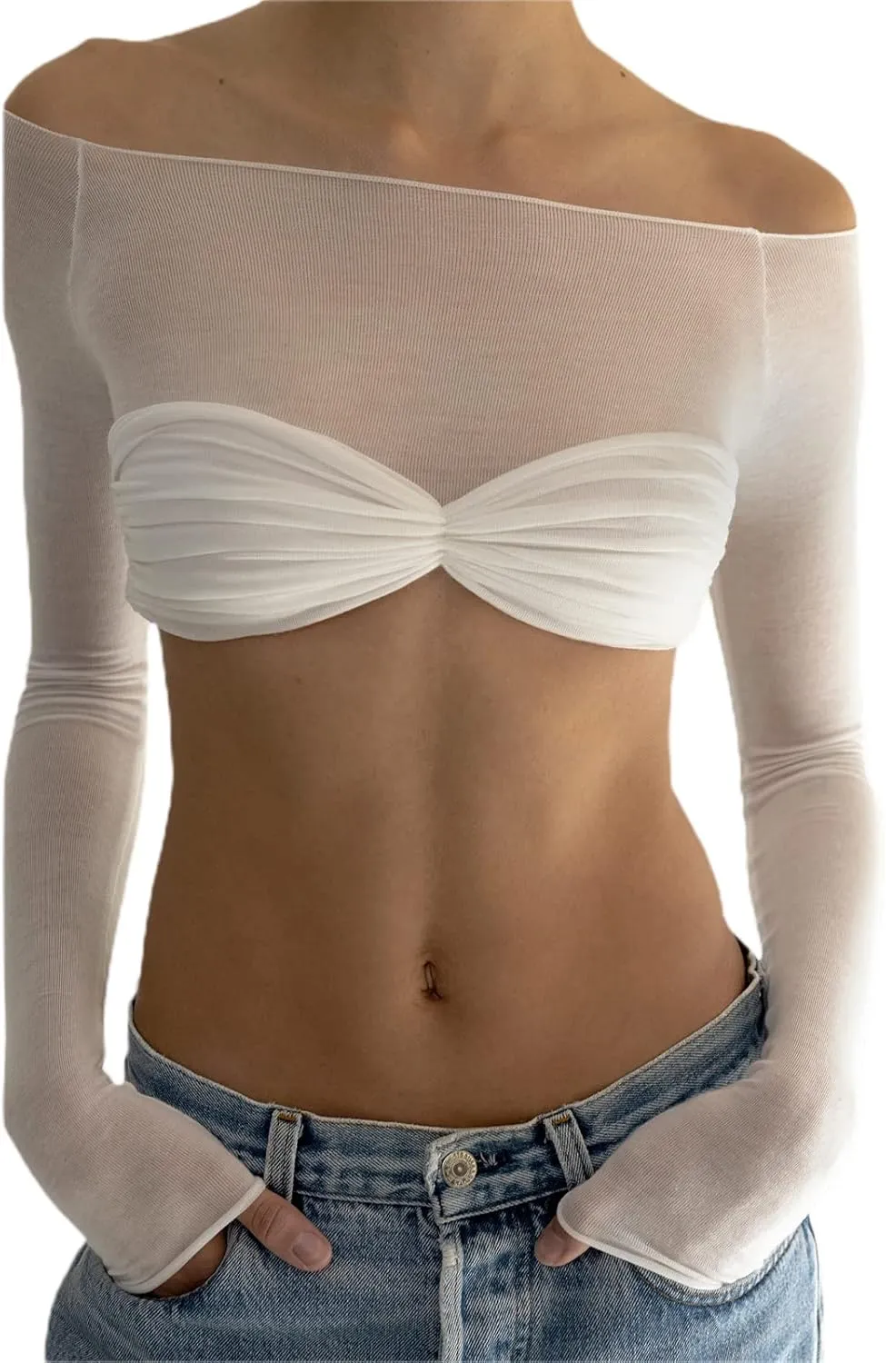 Women Off Shoulder Shirt Y2K White Long Sleeve Slim Fit Top Tee Sexy Streetwear Blouse Tops