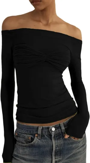 Women Off Shoulder Shirt Y2K White Long Sleeve Slim Fit Top Tee Sexy Streetwear Blouse Tops