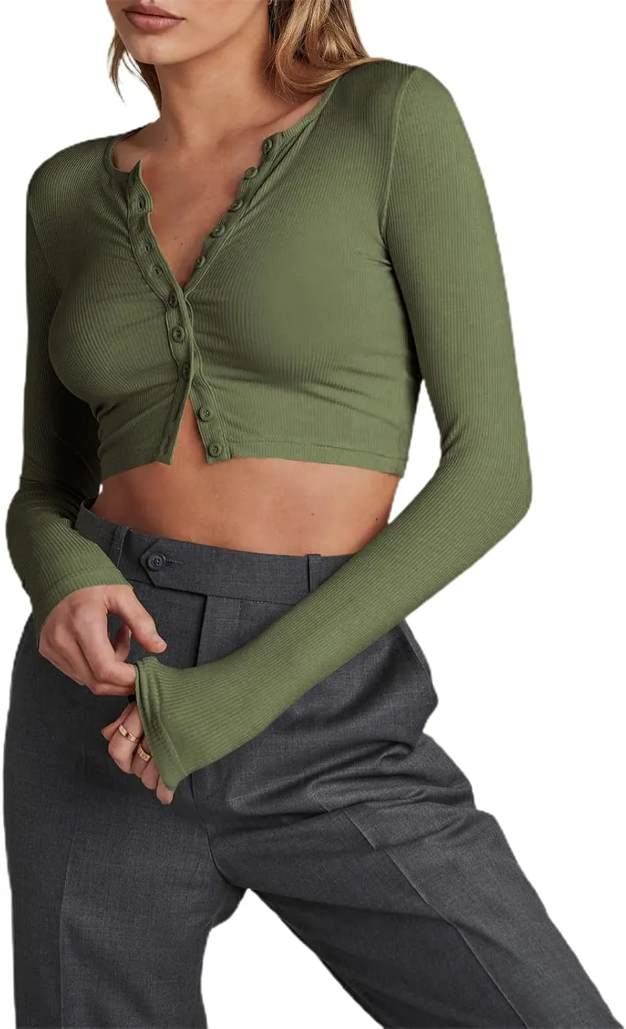 Women Rib Knitted Long Sleeve Shirt Top V Neck Button Front Cropped T-Shirt Slim Fit Going Out Y2k Tee Tops