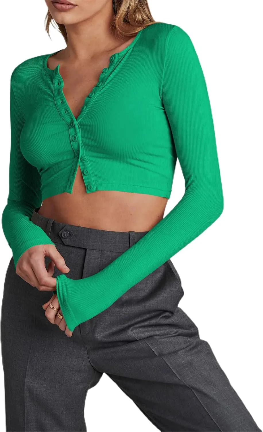 Women Rib Knitted Long Sleeve Shirt Top V Neck Button Front Cropped T-Shirt Slim Fit Going Out Y2k Tee Tops