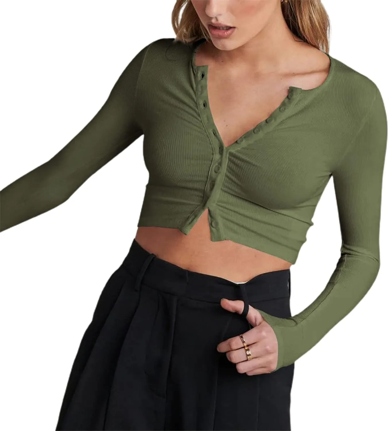 Women Rib Knitted Long Sleeve Shirt Top V Neck Button Front Cropped T-Shirt Slim Fit Going Out Y2k Tee Tops