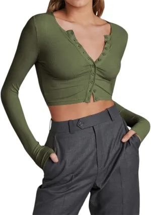Women Rib Knitted Long Sleeve Shirt Top V Neck Button Front Cropped T-Shirt Slim Fit Going Out Y2k Tee Tops