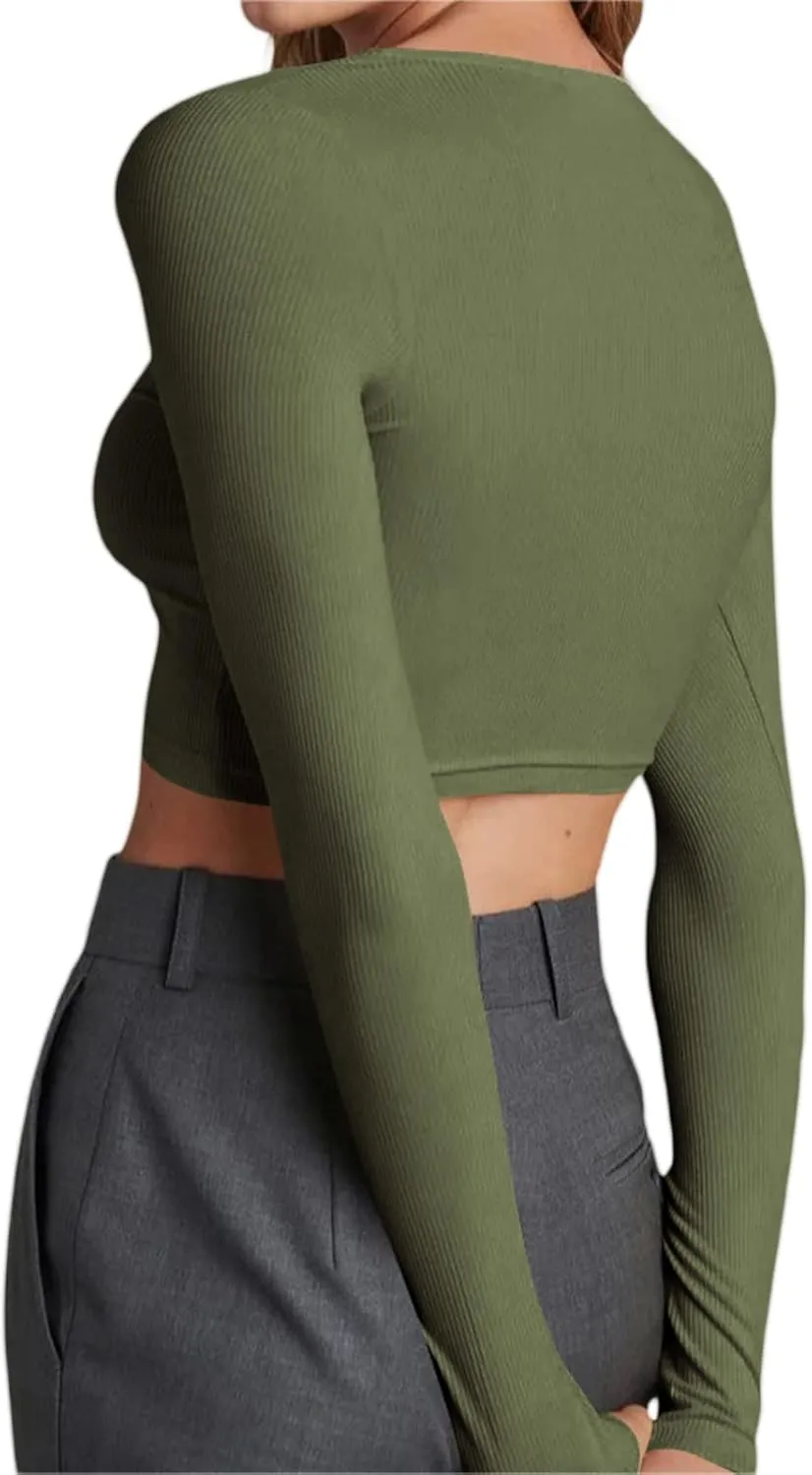 Women Rib Knitted Long Sleeve Shirt Top V Neck Button Front Cropped T-Shirt Slim Fit Going Out Y2k Tee Tops