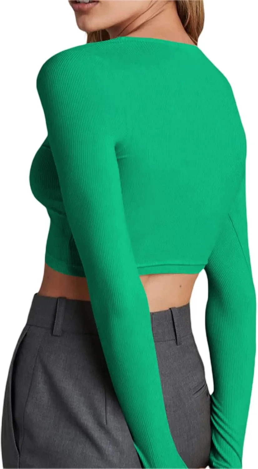Women Rib Knitted Long Sleeve Shirt Top V Neck Button Front Cropped T-Shirt Slim Fit Going Out Y2k Tee Tops