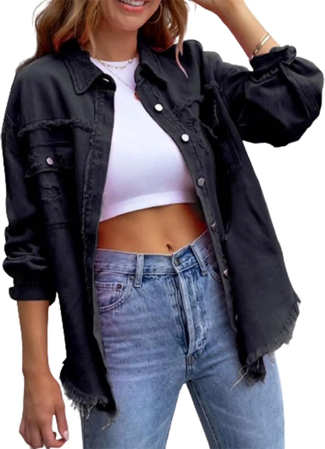 Women Ripped Distressed Denim Jacket Long Sleeve Button Down Casual Boyfriend Jean Coat E Girl Trucker Jackets