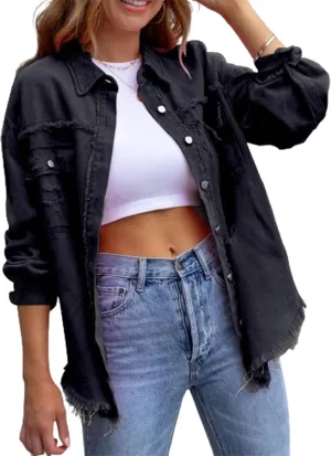 Women Ripped Distressed Denim Jacket Long Sleeve Button Down Casual Boyfriend Jean Coat E Girl Trucker Jackets