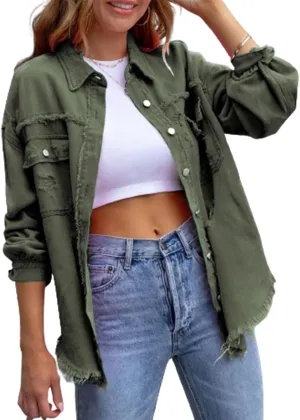 Women Ripped Distressed Denim Jacket Long Sleeve Button Down Casual Boyfriend Jean Coat E Girl Trucker Jackets