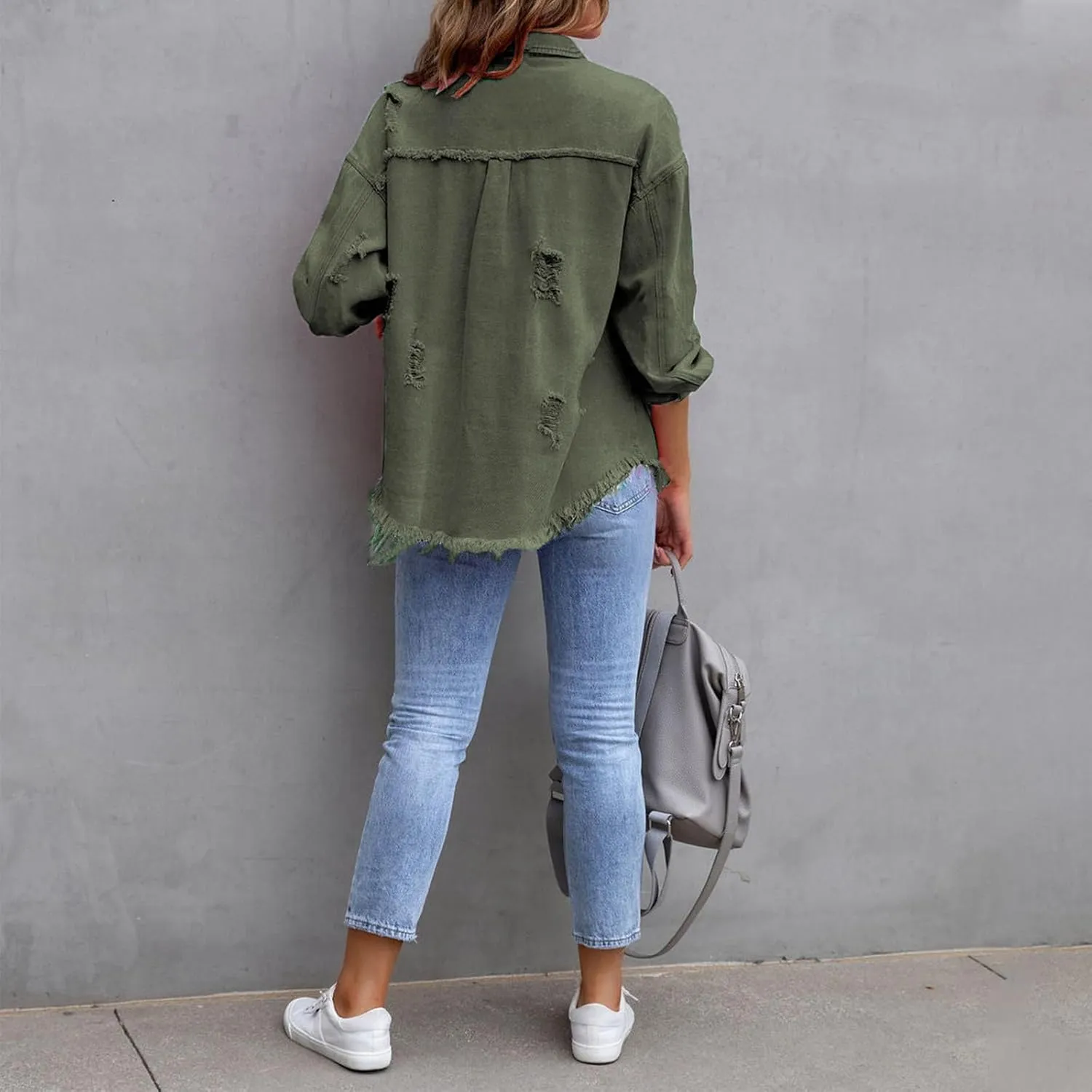 Women Ripped Distressed Denim Jacket Long Sleeve Button Down Casual Boyfriend Jean Coat E Girl Trucker Jackets