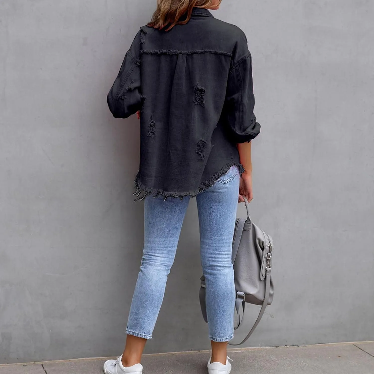 Women Ripped Distressed Denim Jacket Long Sleeve Button Down Casual Boyfriend Jean Coat E Girl Trucker Jackets