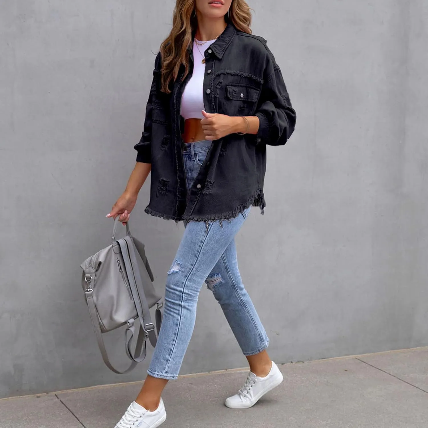 Women Ripped Distressed Denim Jacket Long Sleeve Button Down Casual Boyfriend Jean Coat E Girl Trucker Jackets