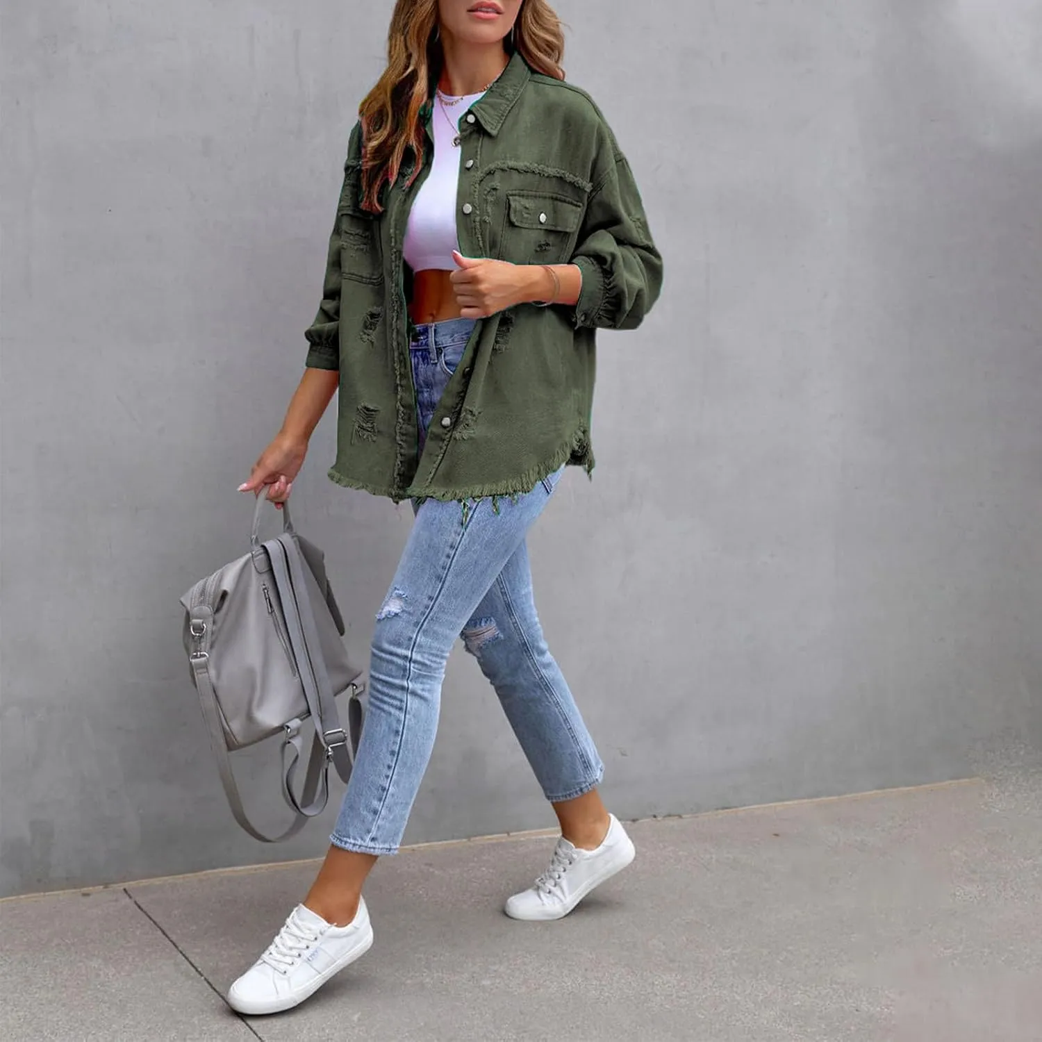 Women Ripped Distressed Denim Jacket Long Sleeve Button Down Casual Boyfriend Jean Coat E Girl Trucker Jackets