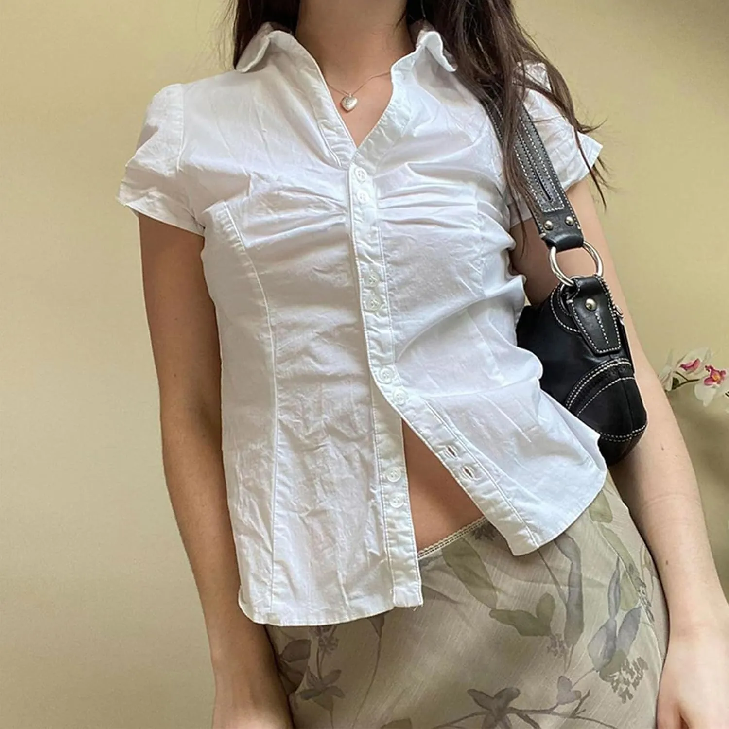 Women Solid Color Crop Top Lace Short Sleeve Patchwork T-Shirt Aesthetic Fairy Slim Fit Button Down Blouse