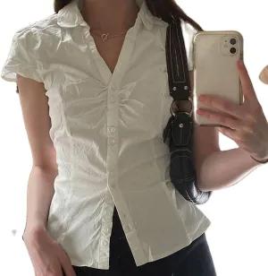 Women Solid Color Crop Top Lace Short Sleeve Patchwork T-Shirt Aesthetic Fairy Slim Fit Button Down Blouse