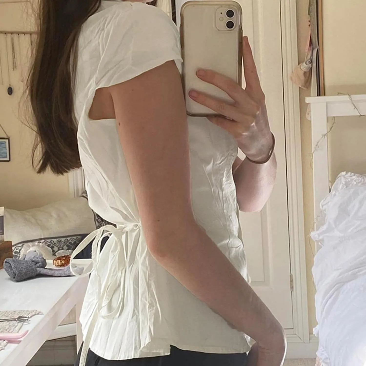 Women Solid Color Crop Top Lace Short Sleeve Patchwork T-Shirt Aesthetic Fairy Slim Fit Button Down Blouse