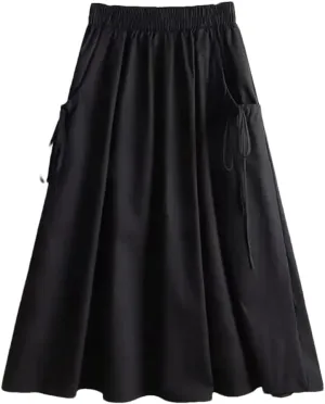 Women Summer Korean Fashion Solid Color Lace Up Spliced Loose Skirt Female Elastic High Waist Midi Skirts