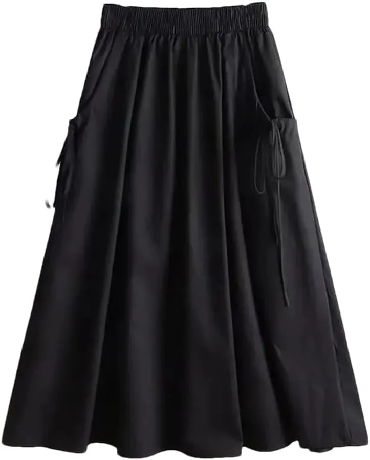 Women Summer Korean Fashion Solid Color Lace Up Spliced Loose Skirt Female Elastic High Waist Midi Skirts