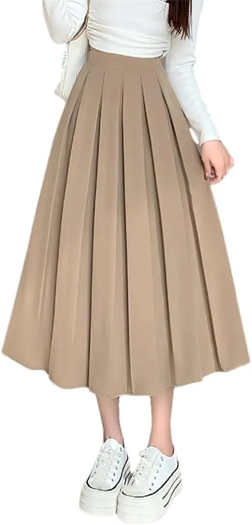 Women Summer Long Flared Hem Elastic Waist A Line Skirt Daily Wear Casual Skirts